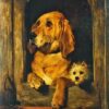 Hand-painted oil reproduction of Edwin Henry Landseer's 1839 painting Dignity and Impudence depicting a Bloodhound and a Terrier in a kennel.