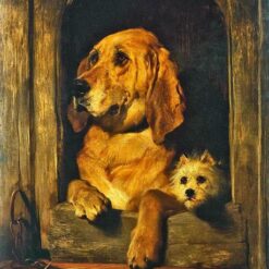 Hand-painted oil reproduction of Edwin Henry Landseer's 1839 painting Dignity and Impudence depicting a Bloodhound and a Terrier in a kennel.