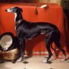 Edwin Henry Landseer - Eos, A Favorite Greyhound of Prince Albert (1841) Romanticism Art – Hand-Painted Oil Reproduction by Dafen Village Studio 1 Hand-painted oil reproduction of Edwin Henry Landseer's 1841 painting Eos, A Favorite Greyhound of Prince Albert showing a greyhound beside a top hat and gloves.