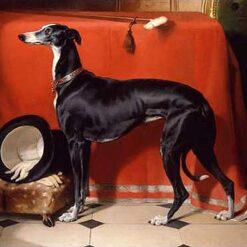 Hand-painted oil reproduction of Edwin Henry Landseer's 1841 painting Eos, A Favorite Greyhound of Prince Albert showing a greyhound beside a top hat and gloves.