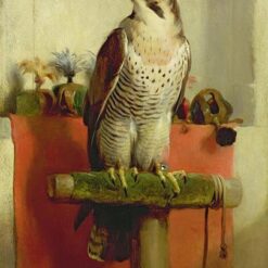 Hand-painted oil reproduction of Edwin Henry Landseer's 1837 painting The Falcon showing a hooded falcon on a perch.