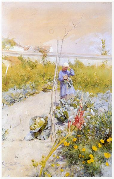 Carl Larsson In the Kitchen Garden (1883) Impressionism – Hand-Painted Oil Reproduction by Dafen Village Studio