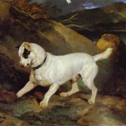 Hand-painted oil reproduction of Edwin Henry Landseer's 1828 painting Jocko with a Hedgehog showing a curious terrier looking at a curled hedgehog.