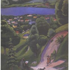 Hand-painted oil reproduction of August Macke's Landscape on the Teggernsee with a reading man 1910 Expressionist painting by Dafen Village Studio