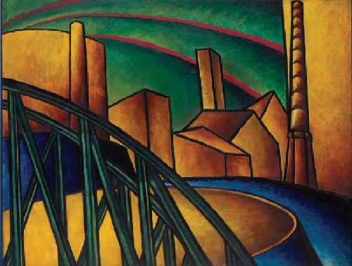 László Moholy-Nagy – Landscape with Bridge at Óbuda Hajógyár (c.1919) Early Dada Canvas Art – Hand-Painted Oil Reproduction by Dafen Village Studio
