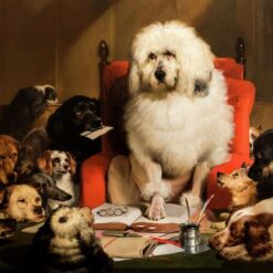 Hand-painted oil reproduction of Edwin Henry Landseer's 1840 painting Laying Down the Law showing a poodle acting as judge over other dogs.
