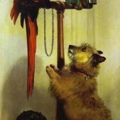 Hand-painted oil reproduction of Edwin Henry Landseer's 1839 painting showing Queen Victoria's macaw, lovebirds, terrier, and spaniel puppies.