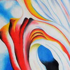 Hand-painted oil reproduction of Georgia O'Keeffe Red Yellow and Blue showing organic sculptural curves in vibrant red, yellow, white, and blue.