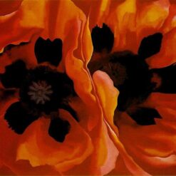 Hand-painted oil reproduction of Georgia O'Keeffe's Oriental Poppies featuring two magnified orange-red poppy blossoms with dark centers on canvas.