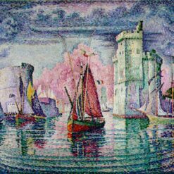 Hand-painted Pointillist oil reproduction of Paul Signac's Port of La Rochelle (1921) harbor cityscape on canvas by Dafen Studio.