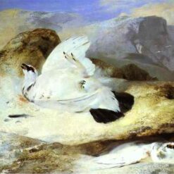 Hand-painted oil reproduction of Edwin Henry Landseer's 1833 painting Ptarmigan showing game birds camouflaged on a rocky Scottish Highland hillside.