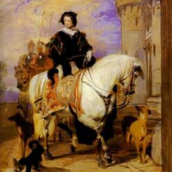 Hand-painted oil reproduction of Edwin Henry Landseer's 1840 portrait Queen Victoria on Horseback showing the young queen riding sidesaddle.