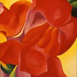 Hand-painted oil reproduction of Georgia O'Keeffe Red Canna showing zoomed-in vibrant red and orange flower petals against a yellow background.