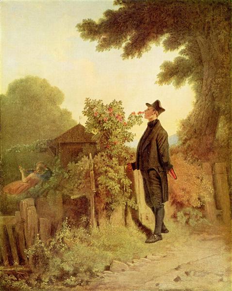 Carl Spitzweg: Rose Scent Memory (1850) Biedermeier Genre Art – Hand-Painted Oil Reproduction by Dafen Village Studio