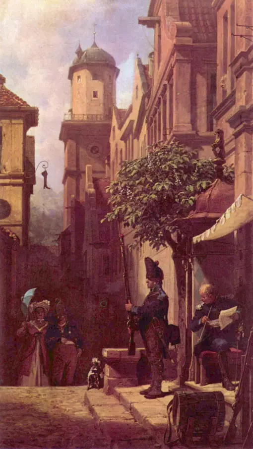 Carl Spitzweg: He Comes (c.1870) Biedermeier Genre Art – Hand-Painted Oil Reproduction by Dafen Village Studio