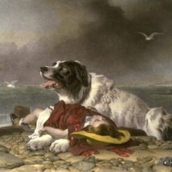 Hand-painted oil reproduction of Edwin Henry Landseer's 1856 painting Saved depicting a Newfoundland dog resting with a rescued child on a stone quay.