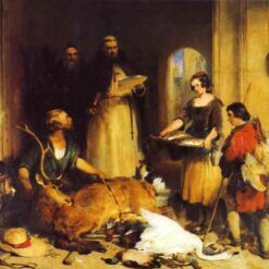 Hand-painted oil reproduction of Edwin Henry Landseer's 1834 painting Scene in the Olden Time at Bolton Abbey showing game presented to a medieval prior.