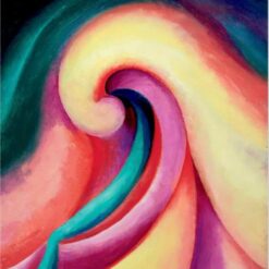 Hand-painted oil reproduction of Georgia O'Keeffe Series I No. 1 showing organic swirling curves in pink, yellow, teal, and magenta.