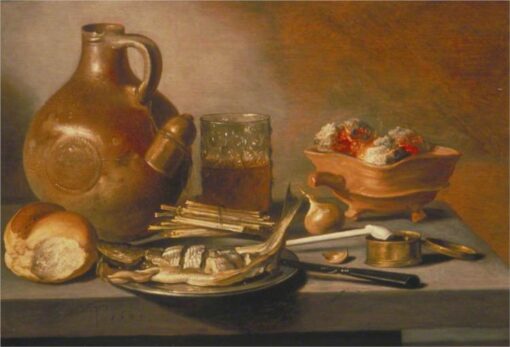 Pieter Claesz – Still Life with Herring, Wine and Bread (1644) Baroque – Hand-Painted Oil Reproduction by Dafen Village Studio