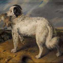 Hand-painted oil reproduction of Edwin Henry Landseer's painting The Champion depicting a proud dog in a Victorian setting.