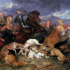 Hand-painted oil reproduction of Edwin Henry Landseer's 1826 painting The Hunting of Chevy Chase showing a dramatic medieval border battle aftermath.