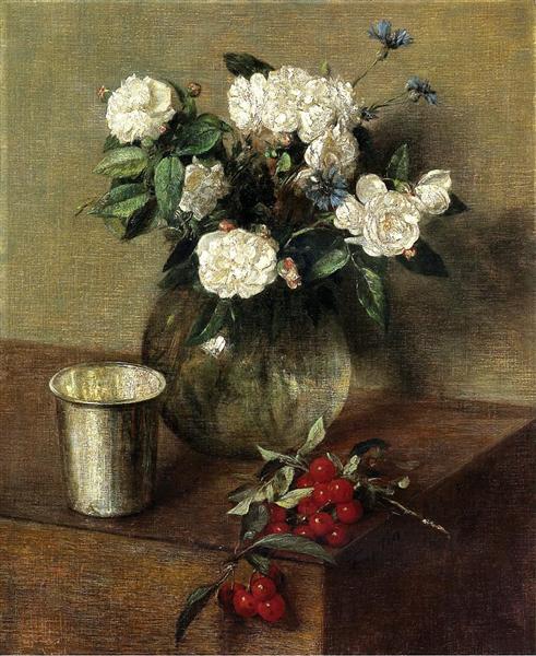 Henri Fantin-Latour: White Roses and Cherries (1865) Realism Floral Still Life – Hand-Painted Oil Reproduction by Dafen Village Studio