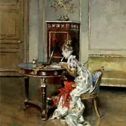 Hand-painted oil reproduction of Young Woman Writing by Giovanni Boldini, 1874 Realist genre painting