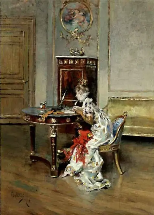 Giovanni Boldini – Young Woman Writing (1874) Realism – Hand-Painted Oil Reproduction by Dafen Village Studio